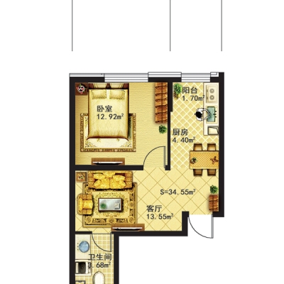 宏城好人家10号楼使用面积34.55平米1室1厅1卫1厨建面55.28㎡