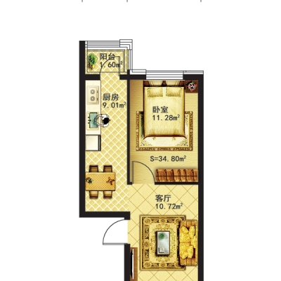 宏城好人家10号楼使用面积34.8平米户型1室1厅1卫1厨建面55.68㎡