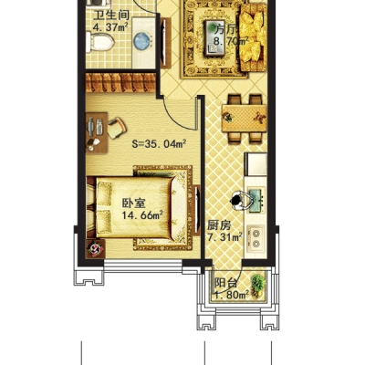 宏城好人家5号楼使用面积35.04平米1室1厅1卫1厨建面56.06㎡